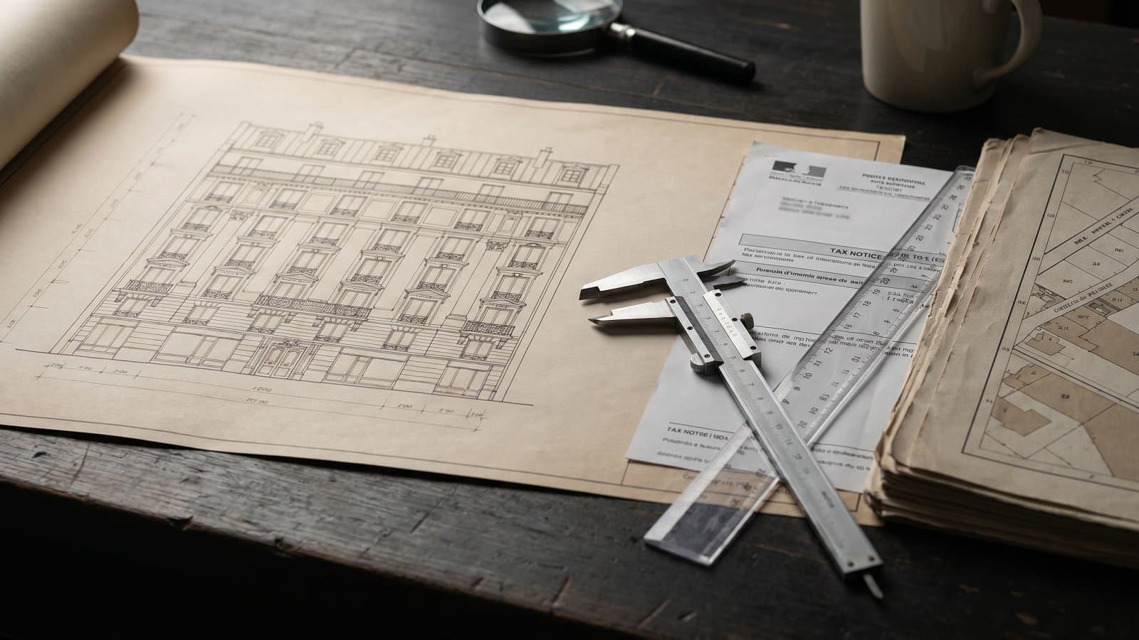 Plan architectural d'un immeuble parisien posé sur un bureau d'audit avec instruments de mesure et documents cadastraux