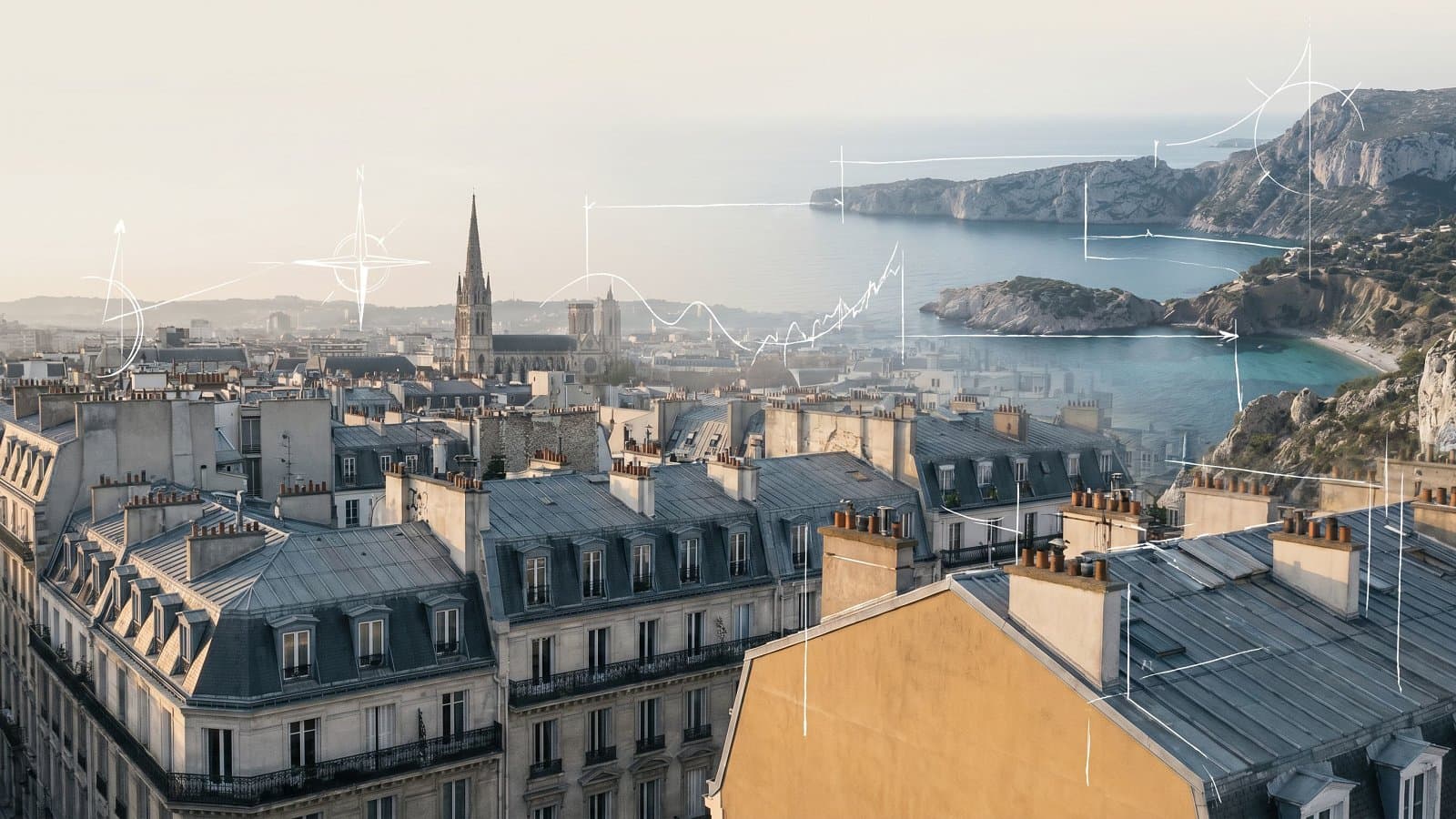 Vue aérienne composite Paris haussmannien, métropole régionale et littoral méditerranéen, lecture indépendante du marché immobilier français