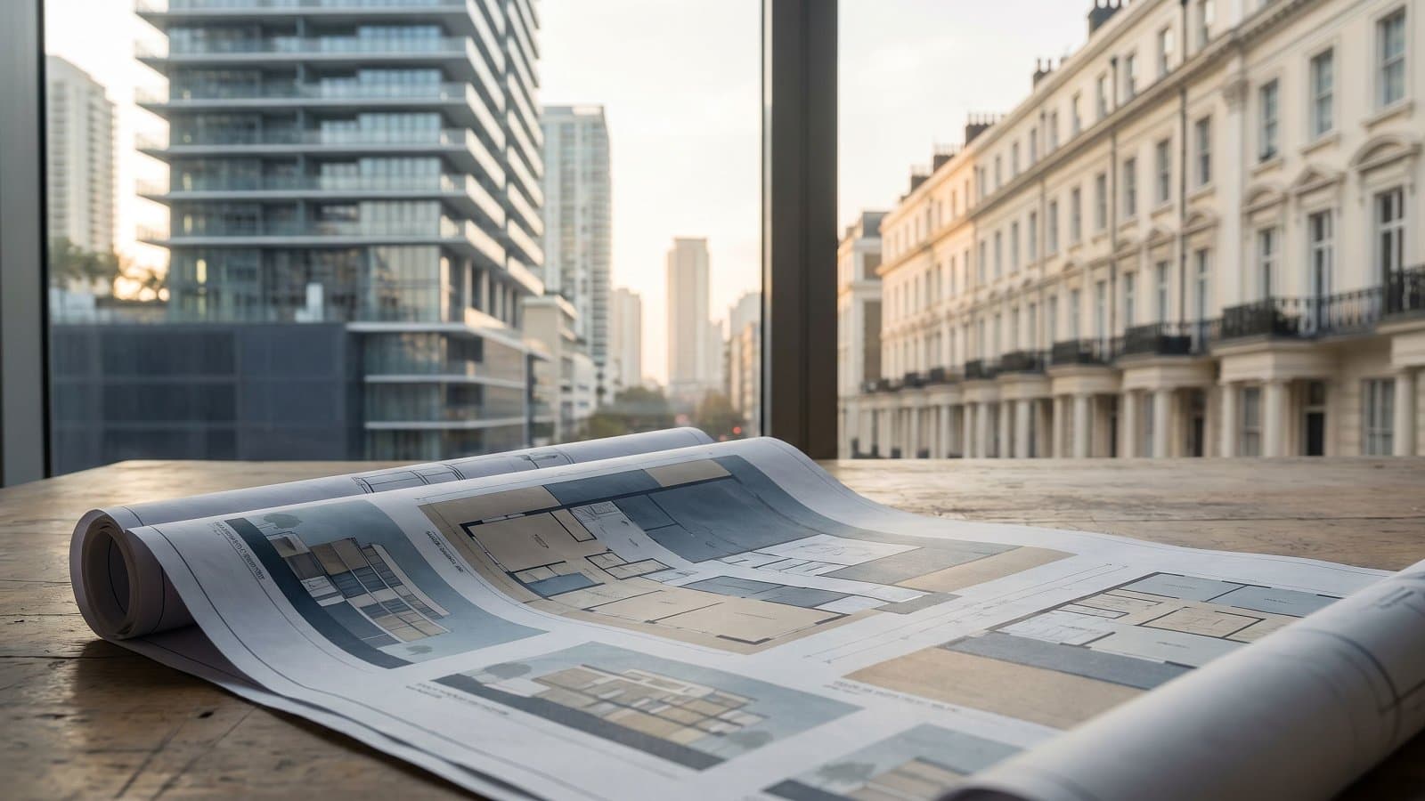 Miami Brickell tower and London Kensington terrace seen through architectural blueprints on a desk